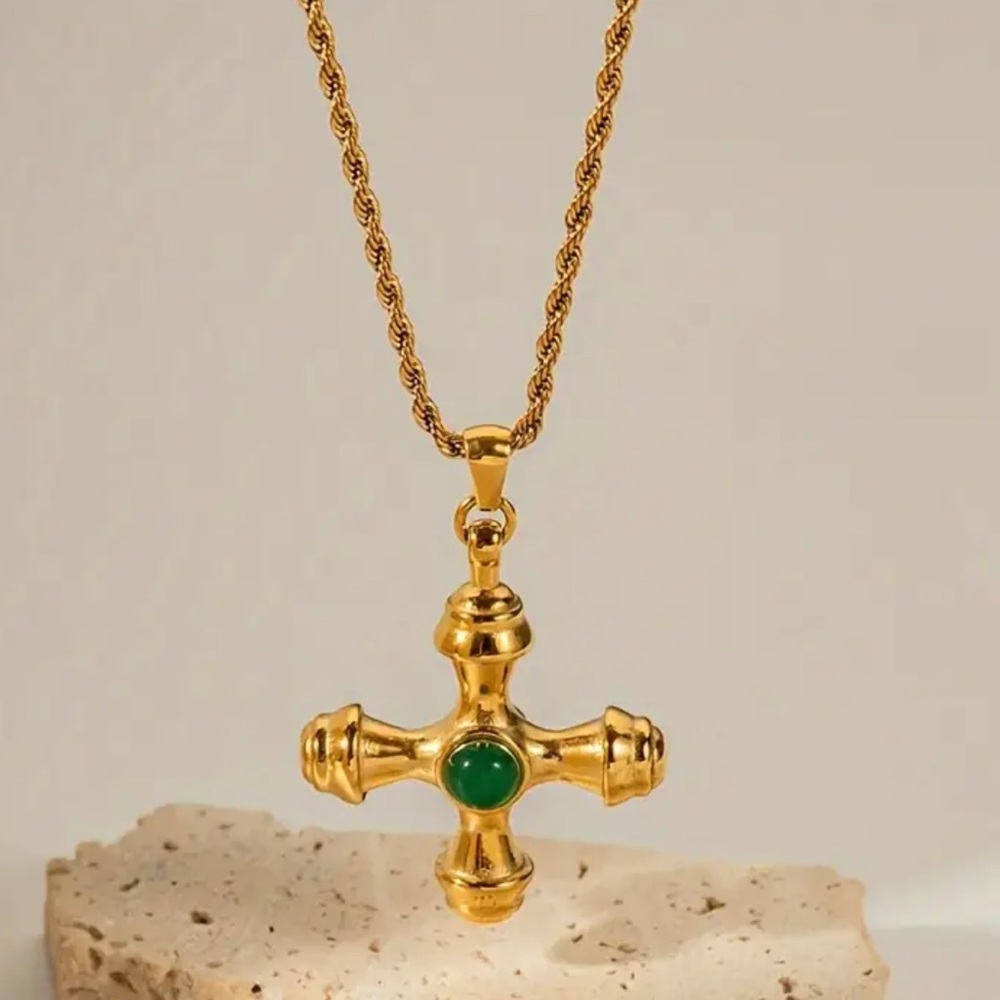 Gold Cross Necklace with Green Stone